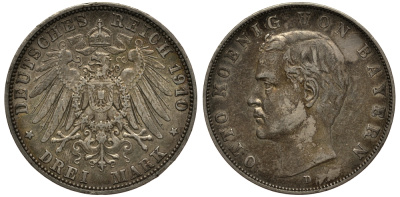 Бавария 3 марки 1910 Отто (1886-1913) Weege 45, J. 47, KM 515 серебро 3711-1941