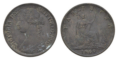 Великобритания 1 фартинг 1869 Виктория (1837-1901) KM 747.2, Spink 3958 бронза 4664-235