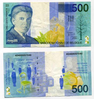 БЕЛЬГИЯ 500 ФРАНКОВ 1998 ПОДПИСЬ (5 И 15), БЕЛЬГИЙСКИЙ ХУДОЖНИК-СЮРРЕАЛИСТ РЕНЕ МАГРИТТ (1898-1967) Pick 149 бумага 6293-26-1