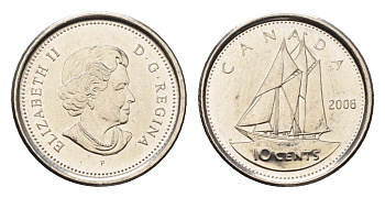 Канада 10 центов 2006 P, Елизавета II (1952-2022), парусник KM 492 сталь плакированная никелем UNC 4696-1046