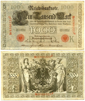 ГЕРМАНИЯ 1000 МАРОК 1910 КРАСНАЯ ПЕЧАТЬ, 7 ЦИФР В НОМЕРЕ Pick 44b бумага 7147-26-2