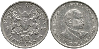 Кения 50 центов 1980 Дэниэл арап Мои KM 19 медно-никель 110-622