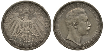 Пруссия 2 марки 1903 A, Вильгельм II (1888-1918) J.102, Weege 101, KM 522 серебро 3711-725
