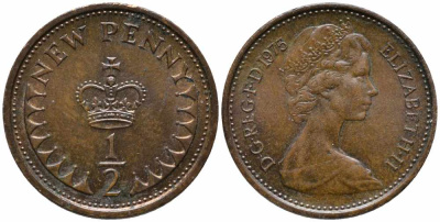 Великобритания 1/2 пенни 1975 Елизавета II (1952-2022) KM 914, Spink 4239 бронза 112-119