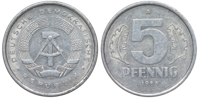 ГДР 5 ПФЕННИГОВ 1983 A КМ 9.2 алюминий 62-451