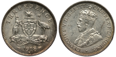Австралия 3 пенса 1918 M, Георг V (1910-1936) KM 24 серебро aUNC 272-434