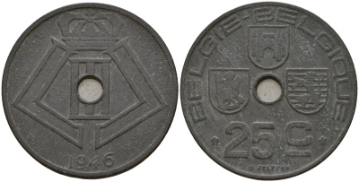 Бельгия 25 сантимов 1946 Belgie - Belgique, Леопольд III (1934-1947), германская оккупация, Вторая мировая война KM 132 цинк 4157-711