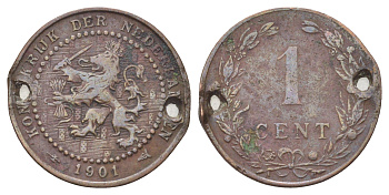 Нидерланды 1 цент 1901 Вильгельмина (1890-1948) KM 130 бронза 4702-625