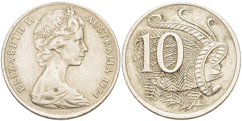 Австралия 10 центов 1974 Елизавета II (1952-), птица лирахвост KM 65 медно-никель 4519-415