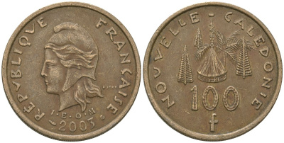 Французская Новая Каледония 100 франков 2003 хижина среди сосен и пальм, (IEOM) KM 15, Schoen 16, Lec 139g никель бронза 109-1034