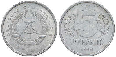 ГДР 5 ПФЕННИГОВ 1988 А алюминий 62-556