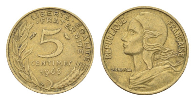 Франция 5 сантимов 1966 тип Morlon KM 933, Le Franc 125.2 алюминиевая бронза 4702-1227