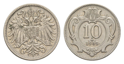 Австрия 10 геллеров 1909 Франц Иосиф I (1848-1916) KM 2802 никель 4632-643