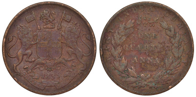 Британская Индия 1/4 анна 1835 25,2 мм. Бомбей, Британская Ост-Индская компания KM 446.2 медь 4681-422