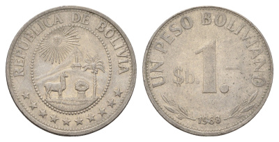Боливия 1 боливиано 1968 KM 192 сталь плакированная никелем 4132-345