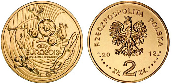 Польша 2 злотых 2012 чемпионат Европы по футболу, евро 2012, УЕФА, Польша-Украина KM 823 латунь UNC 4566-121