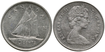 КАНАДА 10 ЦЕНТОВ 1969 ЕЛИЗАВЕТА II (1952-), ПАРУСНИК, ВТОРОЙ ПОРТРЕТ В КОРОНЕ KM 77.1 никель 4532-813