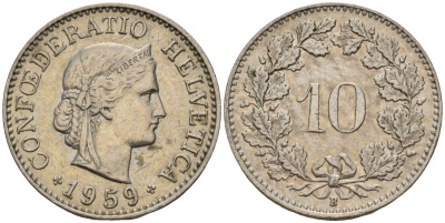 Швейцария 10 раппенов 1959 B KM 27 медно-никель 4189-351
