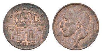 Бельгия 50 сантимов 1991 Belgie, Бодуэн I (1951-1993) KM 149 бронза 4705-311