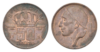 Бельгия 50 сантимов 1991 Belgie, Бодуэн I (1951-1993) KM 149 бронза 4705-311