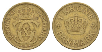 Дания 1 крона 1926 HCN, Кристиан X (1912-1947) KM 824 алюминиевая бронза 4657-336
