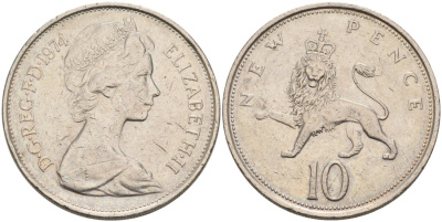 Великобритания 10 пенсов 1974 Елизавета II (1952-2022) KM 912, Spink 4231 (F1) медно-никель 4565-1245
