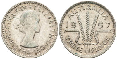 Австралия 3 пенса 1957 KG, Елизавета II (1952-2022) KM 57 серебро 4585-518