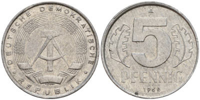 ГДР 5 пфеннигов 1968 A KM 9.1 алюминий 206-1122