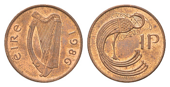 Ирландия 1 пенни 1986 мифологическая птица лира KM 20 бронза UNC 4696-417