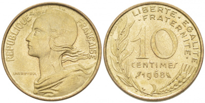 ФРАНЦИЯ 10 САНТИМОВ 1968 ТИП MARIANNE KM 929, LE FRANC 144.8 алюминиевая бронза 3955-637