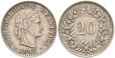 ШВЕЙЦАРИЯ 20 РАППЕНОВ 1943 В KM 29a медно-никель 55-656
