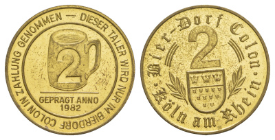 Кельн жетон в 2 "стакан пива" 1987 диаметр 30 мм, вес 12 гр латунь aUNC 4653-943
