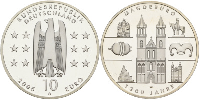ФРГ 10 евро 2005 А, 1200 лет городу Магдебургу КМ 240, DE.S. 10.22 серебро PROOF 1076-3-43