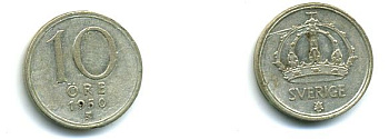 Швеция 10 эре 1950 TS, Густав V (1907-1950) KM 813 серебро 46-339