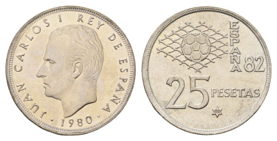 Испания 25 песет 1980 (80) Чемпионат мира по футболу 1982, Испания KM 818 медно-никель UNC 4148-652