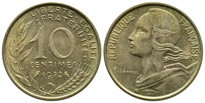 ФРАНЦИЯ 10 САНТИМОВ 1972 ТИП MARIANNE KM 929 медь алюминий никель 4110-1741