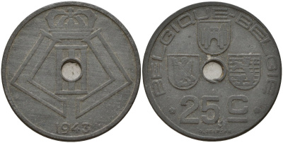Бельгия 25 сантимов 1943 Belgique - Belgie, Леопольд III (1934-1947), германская оккупация, Вторая мировая война KM 131 цинк 4157-444
