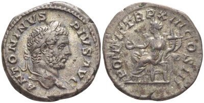 Римская Империя денарий 210 Каракалла, ANTONINVS PIVS AVG, бюст императора / PONTIF TRP XIII COS III, Конкордия, персонификация Согласия, Рим, 3,94 гр RIC 116a серебро 1073-18-82