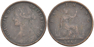 Великобритания 1 фартинг 1861 Виктория (1837-1901) KM 747.2, Spink 3958 бронза 4547-921