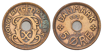 Дания 5 эре 1928 N, Кристиан X (1912-1947) KM 828 бронза 4700-831