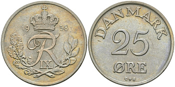 Дания 25 эре 1958 Фредерик IX (1947-1972) KM 842 медно-никель 4579-311