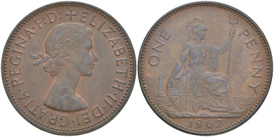 Великобритания 1 пенни 1967 Елизавета II (1952-2022) KM 897, Spink 4157 бронза 4557-1023