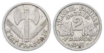 Франция 2 франка 1943 B, правительство Виши KM 904 алюминий 4704-434