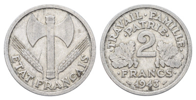 Франция 2 франка 1943 B, правительство Виши KM 904 алюминий 4704-434