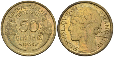 Франция 50 сантимов 1938 KM 894.1, Le Franc 192.15 алюминиевая бронза 4596-812