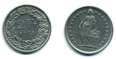 ШВЕЙЦАРИЯ 2 ФРАНКА 1974 KM 21а.1 медно-никель 59-1032