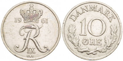 ДАНИЯ 10 ЭРЕ 1961 C; S, ФРЕДЕРИК IX (1947-1972) KM 849.1 медно-никель 4547-1019