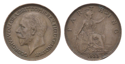 Великобритания 1 фартинг 1933 Георг V (1910-1936) KM 825, Spink 4061 бронза 4664-314