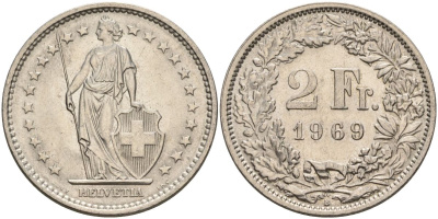 Швейцария 2 франка 1969 B KM 21a медно-никель 4607-615