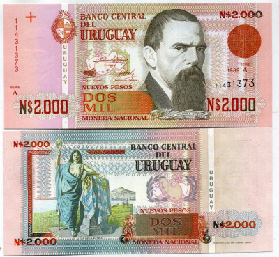Уругвай 2000 новых песо 1989 Pick 68 a бумага UNC (пресс) 7202-33-3